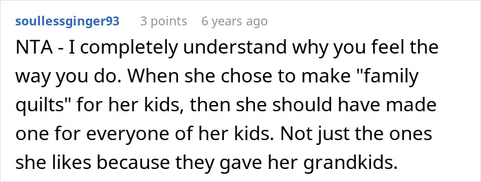 Screenshot of an online comment discussing a childfree woman upset about her MIL refusing to make her a family quilt. Screenshot of an online comment discussing a childfree woman upset about her MIL refusing to make her a family quilt.