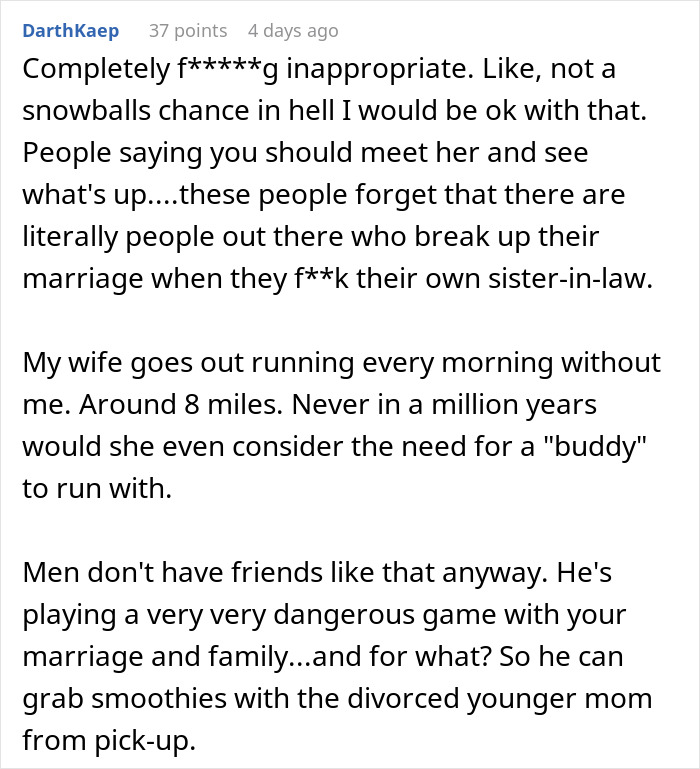 Comment discussing boundaries and risks after husband goes running with divorced mom, questioning marriage trust issues.