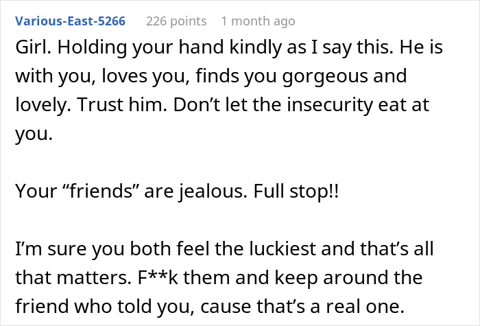 Alt text: Supportive comment reassuring woman with model boyfriend about friends saying he is out of her league, addressing insecurity and jealousy.