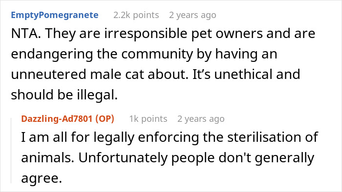 Screenshot of a discussion about neutering cat owners and concerns over unneutered male cats endangering the community.