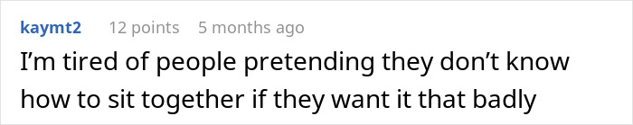 Comment text on screen about people sitting together, illustrating a woman refusing to give up her plane seat and enjoying a guilt-free nap.