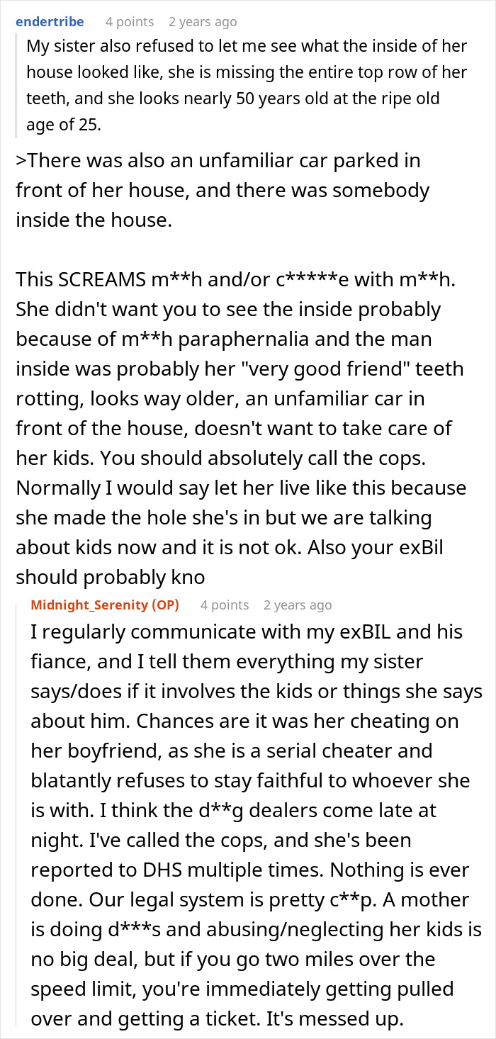 Screenshot of a Reddit conversation discussing sister threatening to call cops after woman brings her kids home.