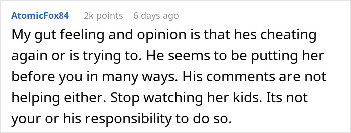 Screenshot of a Reddit comment discussing suspicion of cheating and concerns about nannying coworker&rsquo;s girlfriend&rsquo;s children for free.