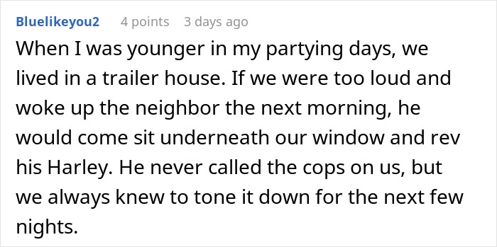 Screenshot of a Reddit comment describing a neighbor blasting music late at night and the student&rsquo;s petty revenge early morning.