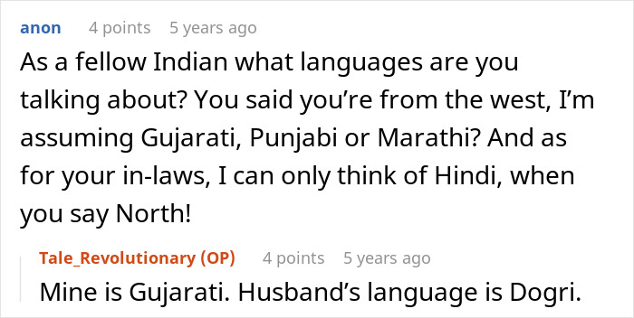 Comment discussing husband and parents native language differences, mentioning Gujarati and Dogri languages.