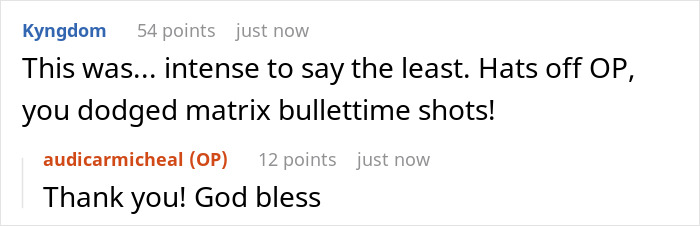 Screenshot of a Reddit conversation where a user thanks another for support after an intense story about a man breaking up. Screenshot of a Reddit conversation where a user thanks another for support after an intense story about a man breaking up.