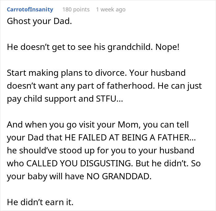 Alt text: Reddit advice discussing husband calling pregnant wife disgusting and refusing to accept fatherhood or support the baby.