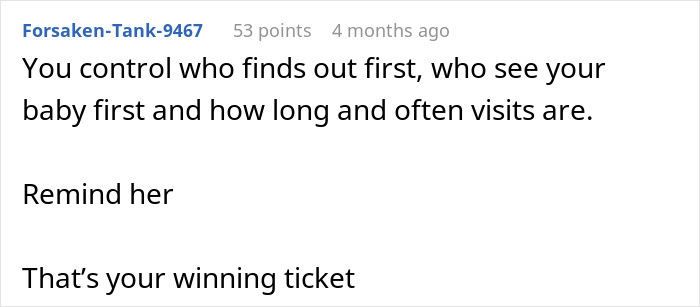 Screenshot of a woman&rsquo;s comment about controlling who sees her baby first in a pregnancy hijacking discussion.