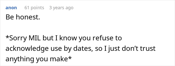 Comment discussing distrust of cheap MIL spoiling food and bullying son and girlfriend into eating it online.