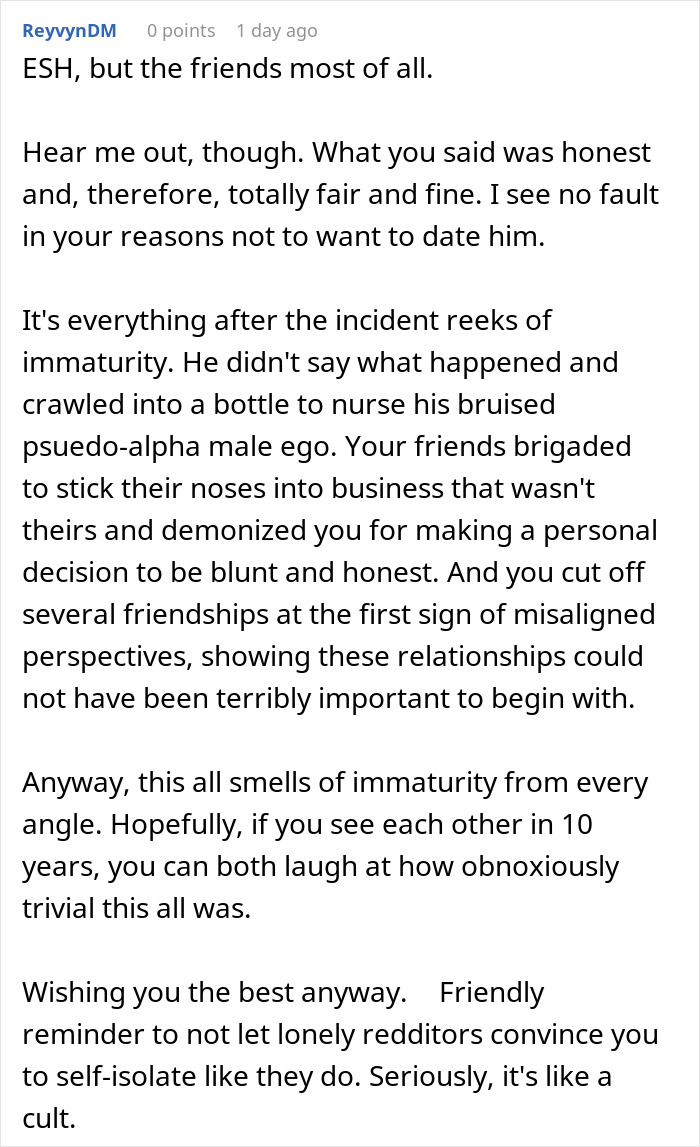 Reddit comment discussing immaturity in a guy who tells an old friend to date him because he is tall and breaks down after rejection.