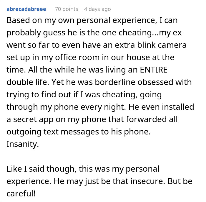User comment describing personal experience with a man going through his girlfriend&rsquo;s phone and secretive behavior.