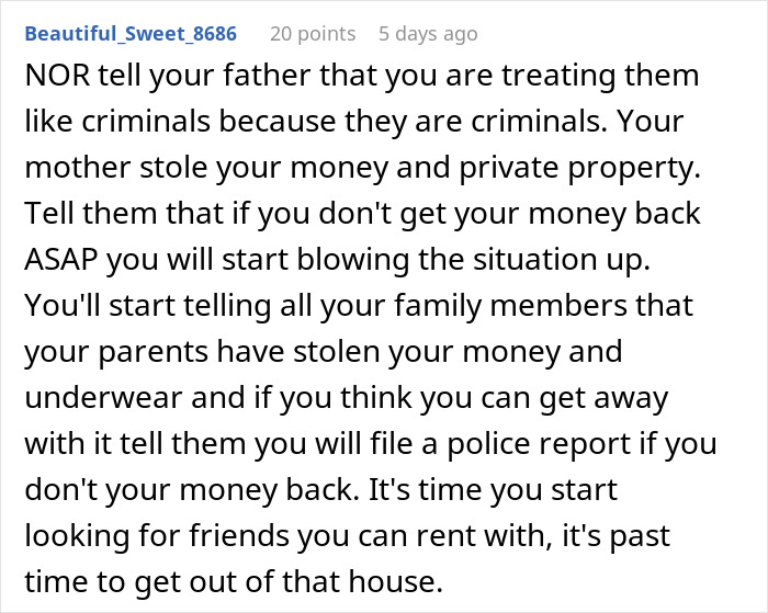 Text post discussing a daughter&rsquo;s reaction after mom steals her underwear and accuses her of hiding immoral things.