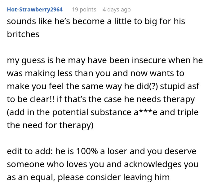 Red flags revealed as man starts earning more than girlfriend a year into the relationship, causing insecurity and tension.