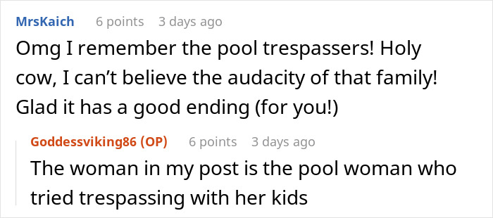 Screenshot of a social media comment thread discussing entitled neighbors blocking driveway and a pool trespassing incident.