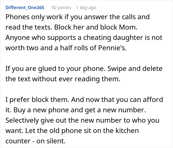 Text conversation showing advice on blocking and ignoring messages from family amid wedding gift disputes.