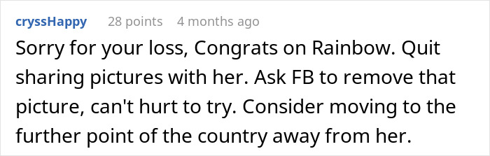 Screenshot of a Reddit comment advising to ask Facebook to remove a hijacked pregnancy profile picture.