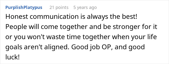 Comment discussing the importance of honest communication in relationships and life goals alignment.