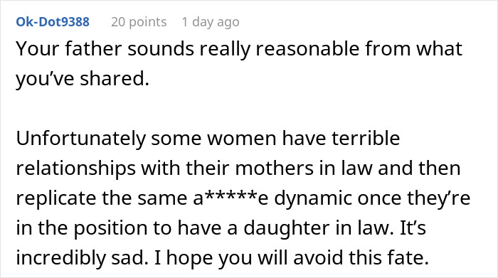 Comment discussing tense family dynamics and issues between fianc&eacute;e and in-laws after dress shopping without her.
