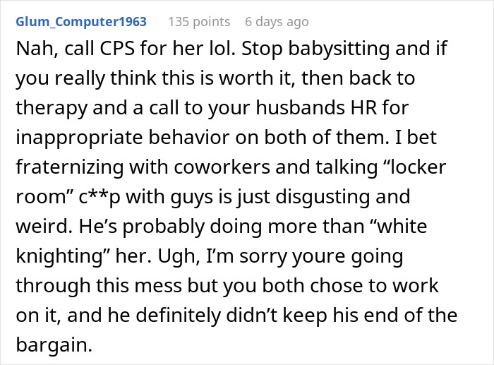 Screenshot of a Reddit comment discussing suspicion about husband&rsquo;s coworker and unpaid nannying of girlfriend&rsquo;s children.
