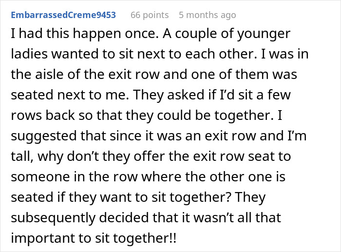 Alt text: Woman refuses to give up her plane seat and enjoys a guilt-free nap while seated in an airplane exit row.