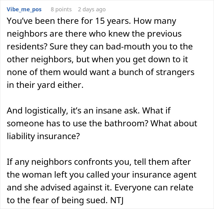 Comment discussing a woman demanding to marry in a stranger&rsquo;s backyard and the refusal, highlighting neighbor concerns and liability issues.