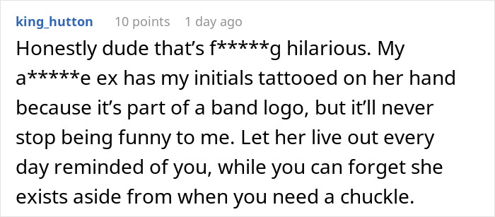 Comment discussing a guy finding out his ex-wife and her new husband legally changed their name to his full name.