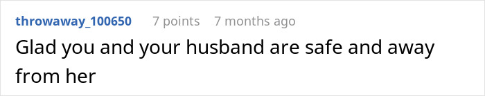 Screenshot of a Reddit comment expressing relief that a woman and her husband are safe and away from her mother-in-law after allergy issues. Screenshot of a Reddit comment expressing relief that a woman and her husband are safe and away from her mother-in-law after allergy issues.