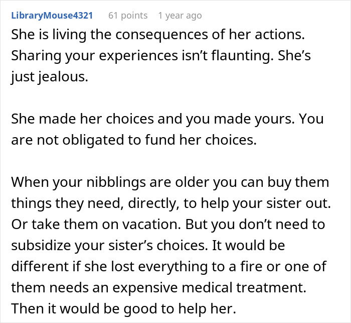 Comment discussing woman rejecting sister's money requests while sibling rages over Ibiza pics and family struggles. Comment discussing woman rejecting sister's money requests while sibling rages over Ibiza pics and family struggles.