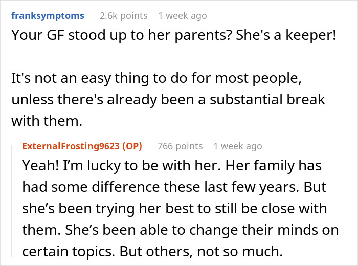 Screenshot of a Reddit conversation about a man pranking GF&rsquo;s parents to support autistic sister and their relationship issues.