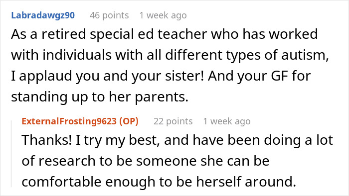 Comments discussing autism support and standing up to parents regarding relationships for autistic family members.