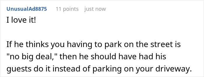 Comment on parking dispute, referencing nurse’s driveway use after long shift and neighbor’s repeated parking issue.