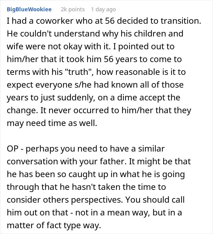 Reddit comment discussing a dad turned trans parent's transition and its impact on family dynamics and acceptance. Reddit comment discussing a dad turned trans parent's transition and its impact on family dynamics and acceptance.