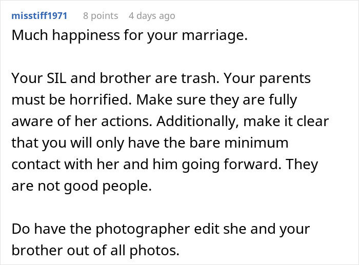 Comment expressing concern over SIL pretending to be the bride and advice to limit contact with brother and SIL.
