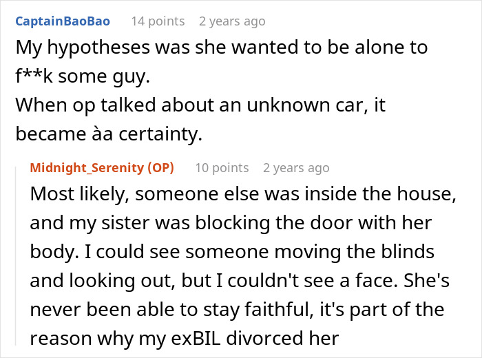 Screenshot of a Reddit conversation about sister threatening to call cops after woman brings her kids home, involving fake crying.