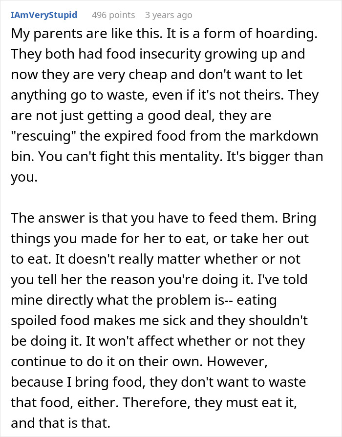 Comment discussing cheap MIL feeding son and girlfriend spoiled food and bullying them into eating it due to hoarding behavior.