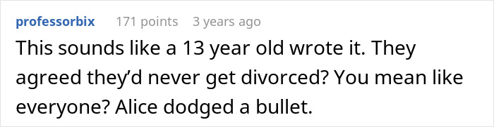 Comment from user professorbix discussing a relationship choice and divorce, reflecting a robotically calculated decision.