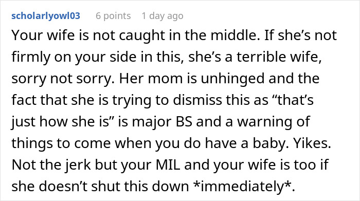 Screenshot of a Reddit comment discussing a MIL banned from visiting a couple after secret trash digging was discovered.