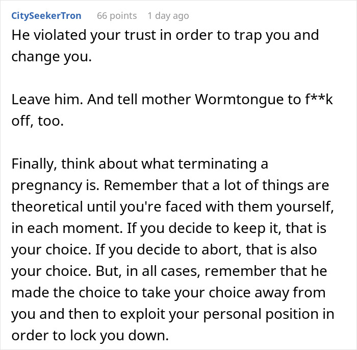 Comment discussing betrayal and manipulation when a boyfriend tampers with girlfriend’s birth control leading to pregnancy. Comment discussing betrayal and manipulation when a boyfriend tampers with girlfriend’s birth control leading to pregnancy.