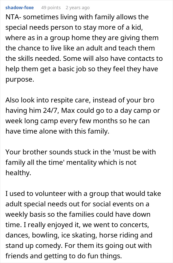 Comment discussing the challenges and care options for autistic siblings in family conflicts over responsibility.