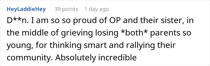 Comment praising siblings for handling loss and facing HOA challenges over their house with resilience and community support.