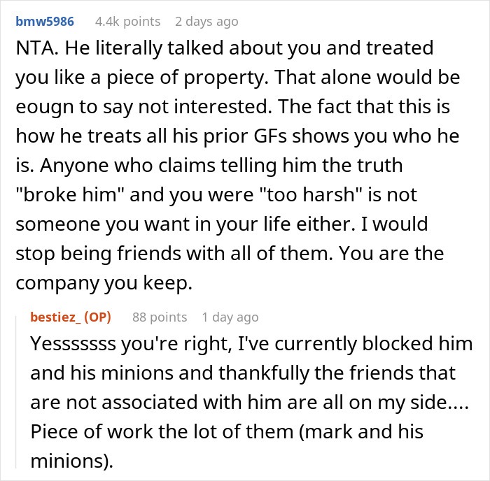 Reddit user discusses guy telling old friend to date him instead of her boyfriend because he's tall, then breaks down after rejection.