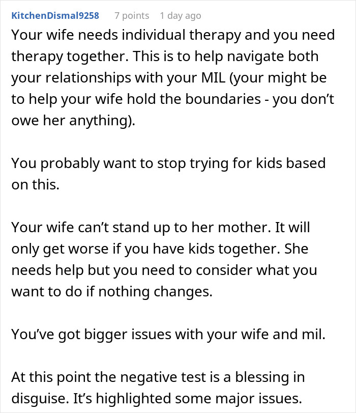Text from a Reddit comment advising therapy and boundary setting to handle issues with MIL after discovering secret trash digging.