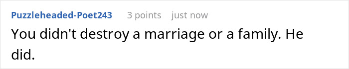 Comment from user Puzzleheaded-Poet243 responding to a post about cheating, discussing marriage and family impact.
