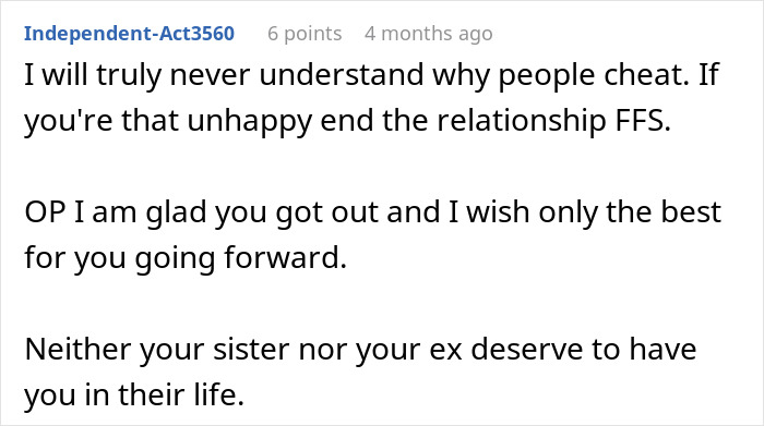 Comment expressing confusion about cheating and support for a woman after her husband's dark secret is revealed early in marriage.