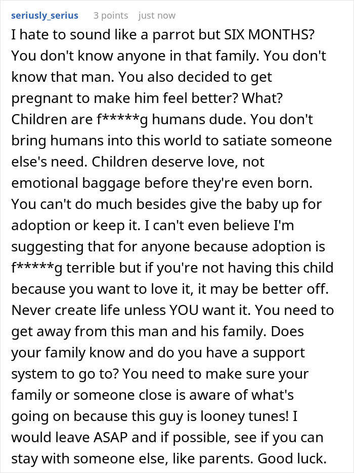 Comment discussing relationship advice and emotional impact of husband posing as pregnant wife in loyalty test message.