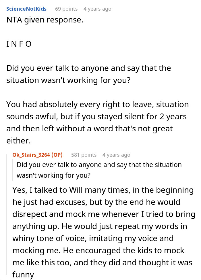 Screenshot of an online discussion about a woman accused of abandoning husband’s kids in a toxic marriage. Screenshot of an online discussion about a woman accused of abandoning husband’s kids in a toxic marriage.