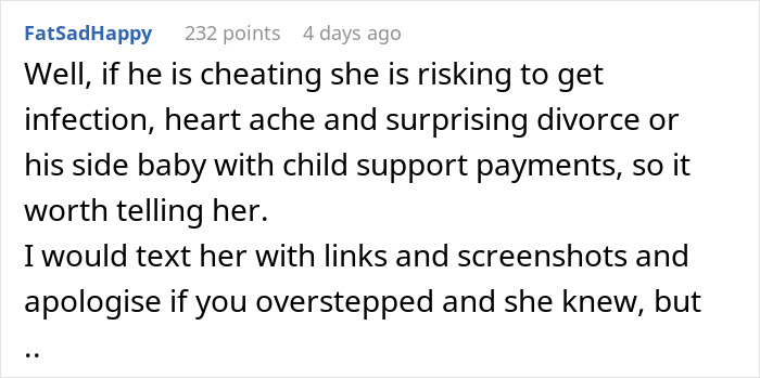 Comment warning about risks of cheating involving friends husband dating the same guy, including infection and divorce concerns.