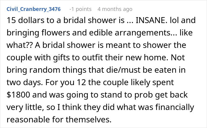 Screenshot of online comment discussing bride demanding $200 from friends after cheap wedding shower gifts sparked controversy.