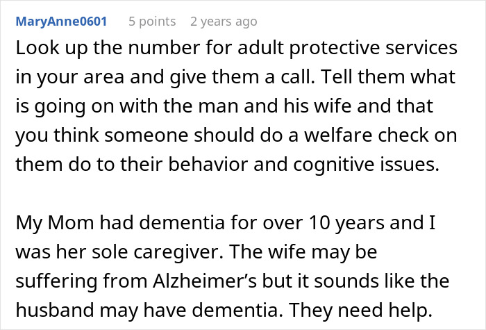 Comment discussing a couple confronted by an elderly neighbor alleging an affair, suggesting welfare checks.