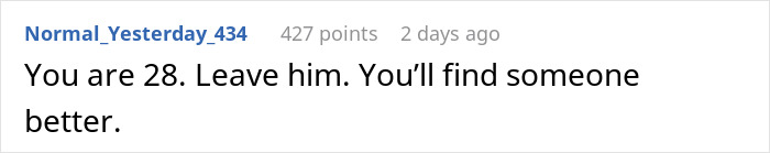 Screenshot of an online comment advising a 28-year-old to leave her man over a house ownership ultimatum. Screenshot of an online comment advising a 28-year-old to leave her man over a house ownership ultimatum.